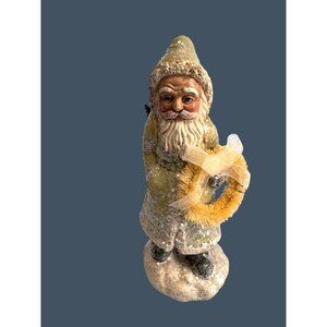 Folk Art Santa Figurine By Teena Flannery With Bottle Brush Wreath Unsigned